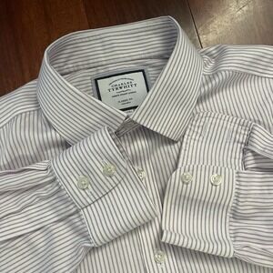 Charles Tyrwhitt Shirt Men 16.5 34 Pink White Classic Fit Non Iron Striped
